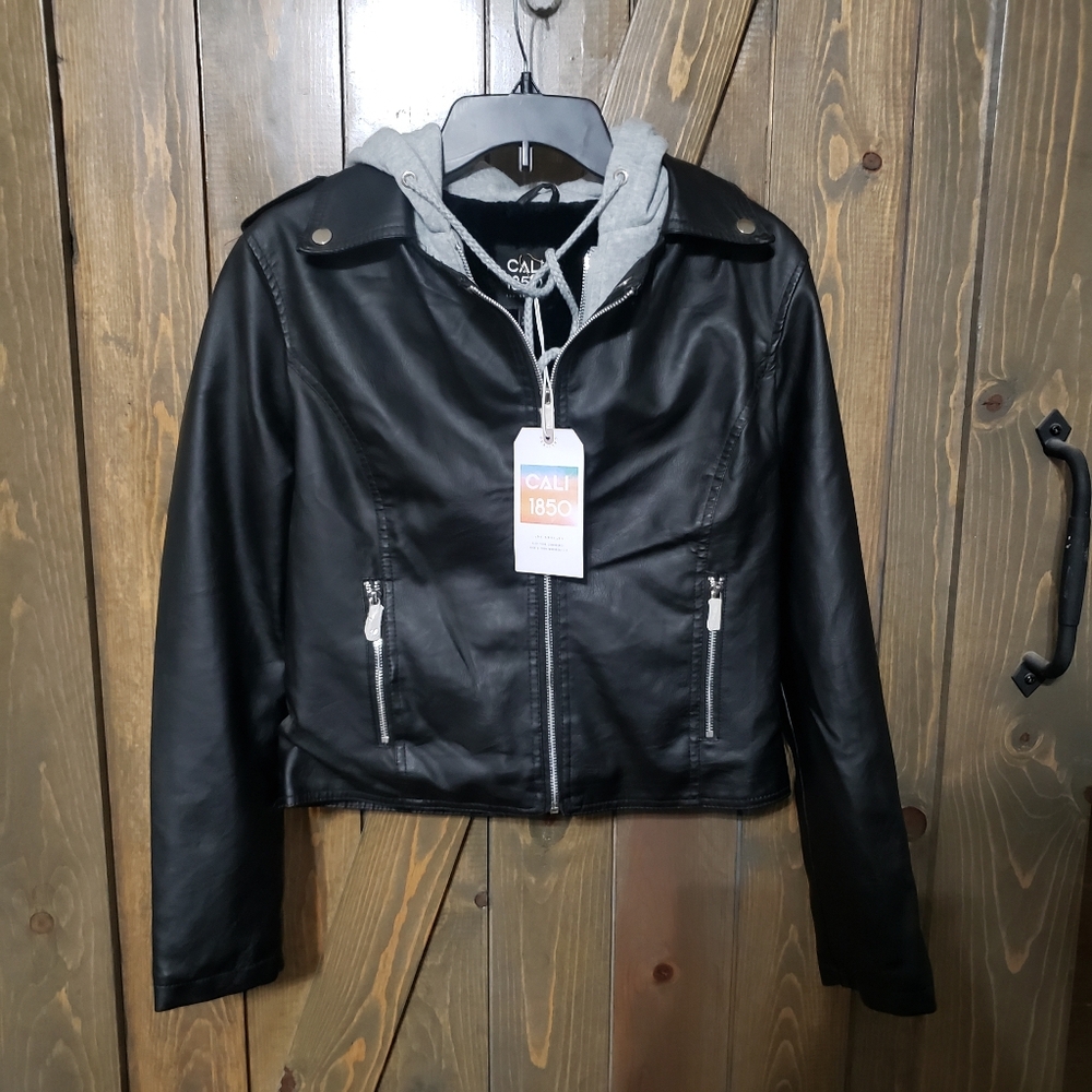 New! CALI 1850 Black Faux Leather Hooded Jacket w/ Layered Zip Closure